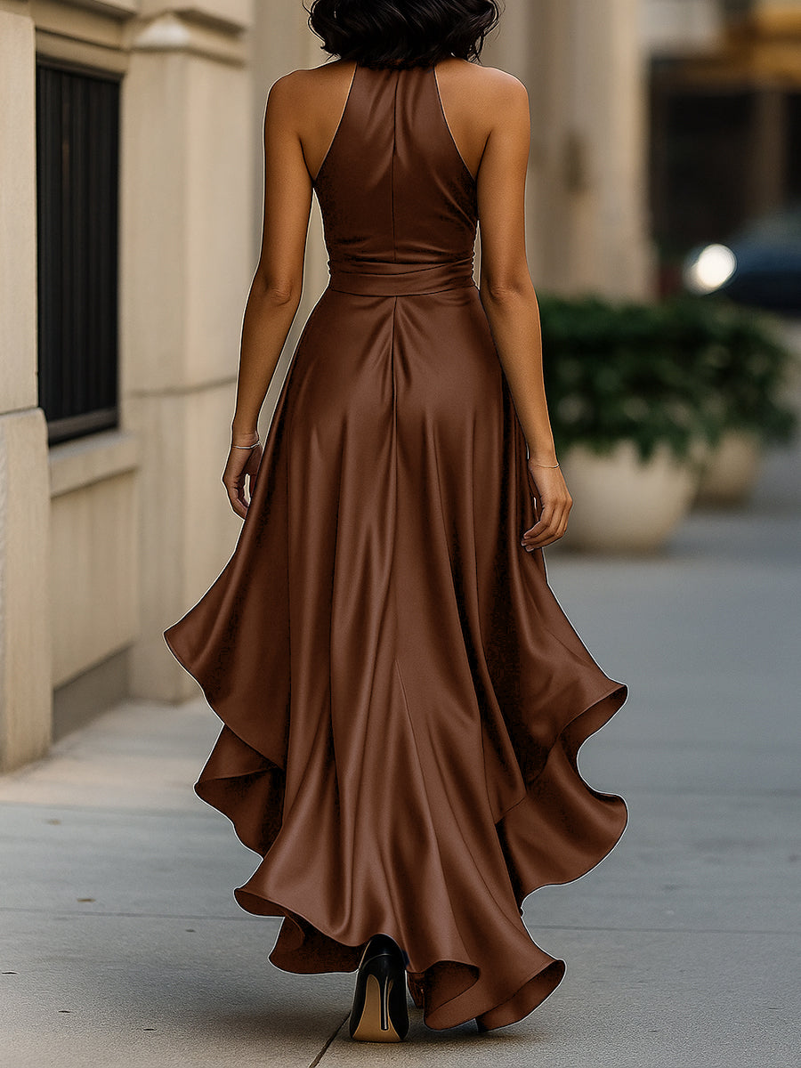 Sleek satin halter ruffle evening gown for women -14