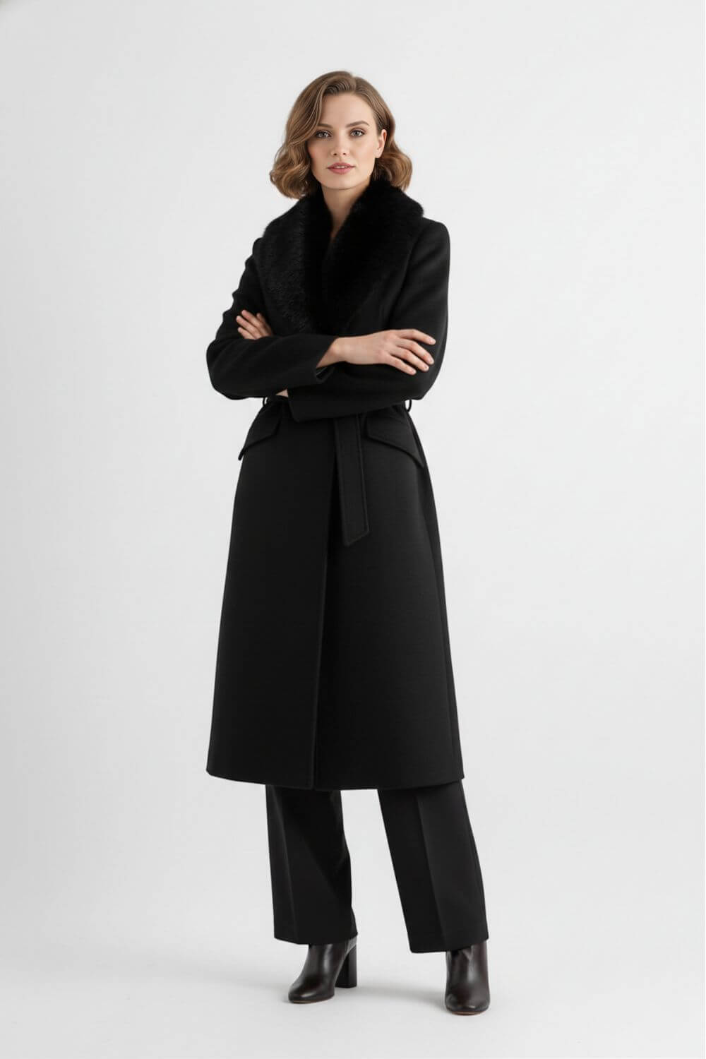 Long belted coat with soft faux fur collar for women -3