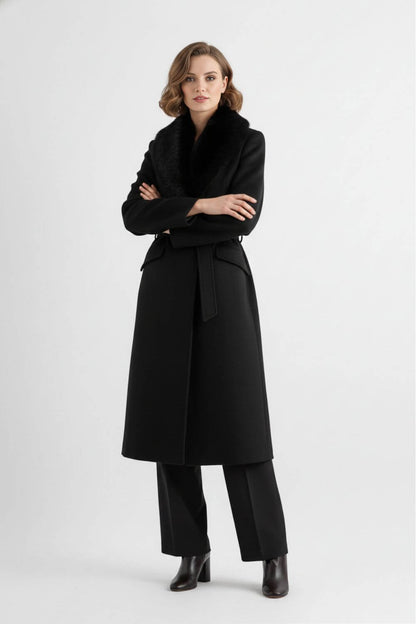 Long belted coat with soft faux fur collar for women -3