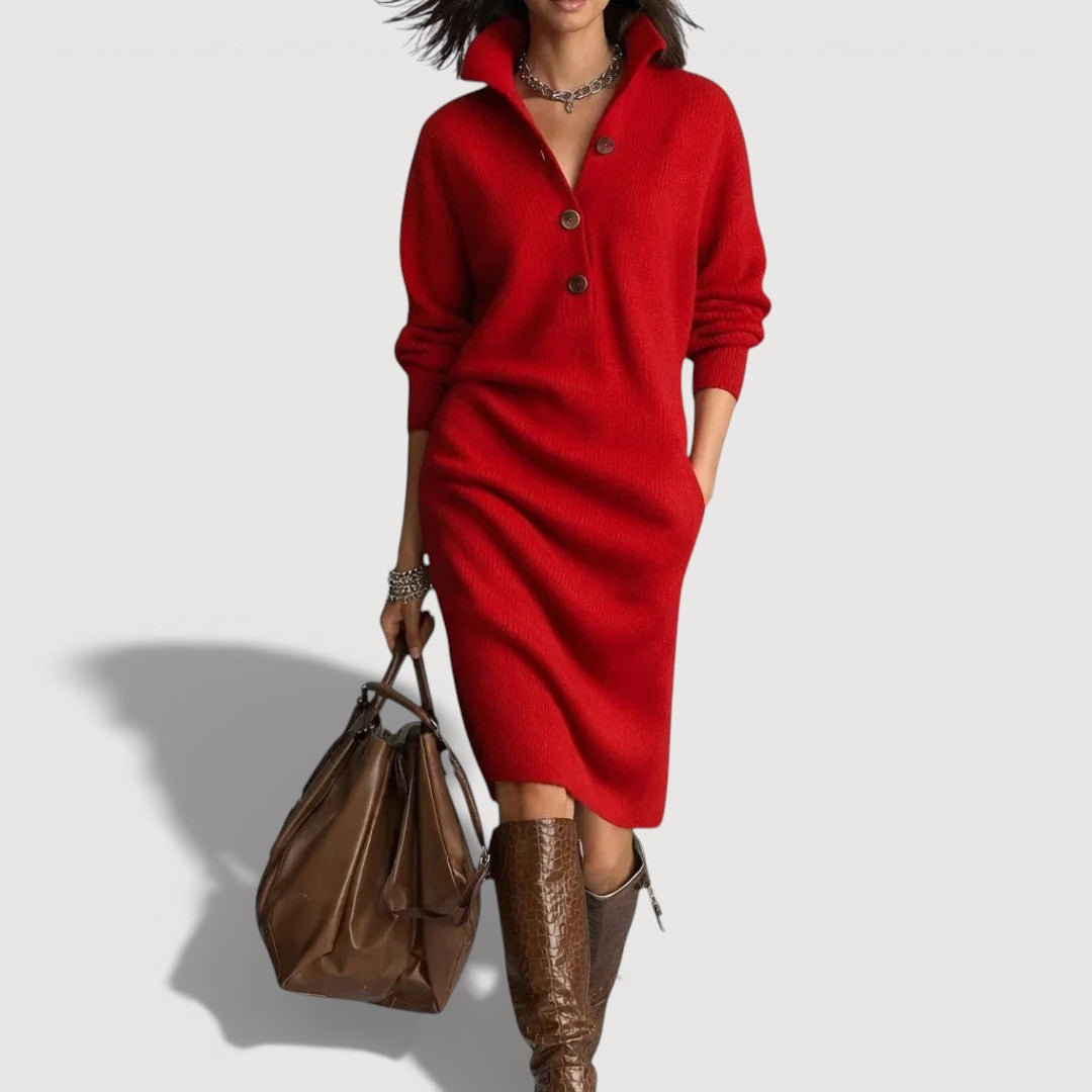 Cosy knit buttoned-collar midi dress for women | Alessia -8