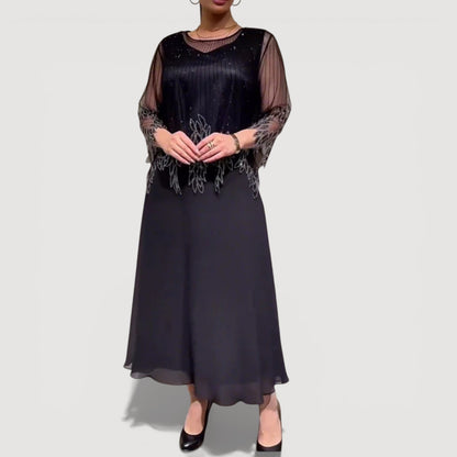 Elegant sheer-sleeve occasion midi dress for women | Doris -3