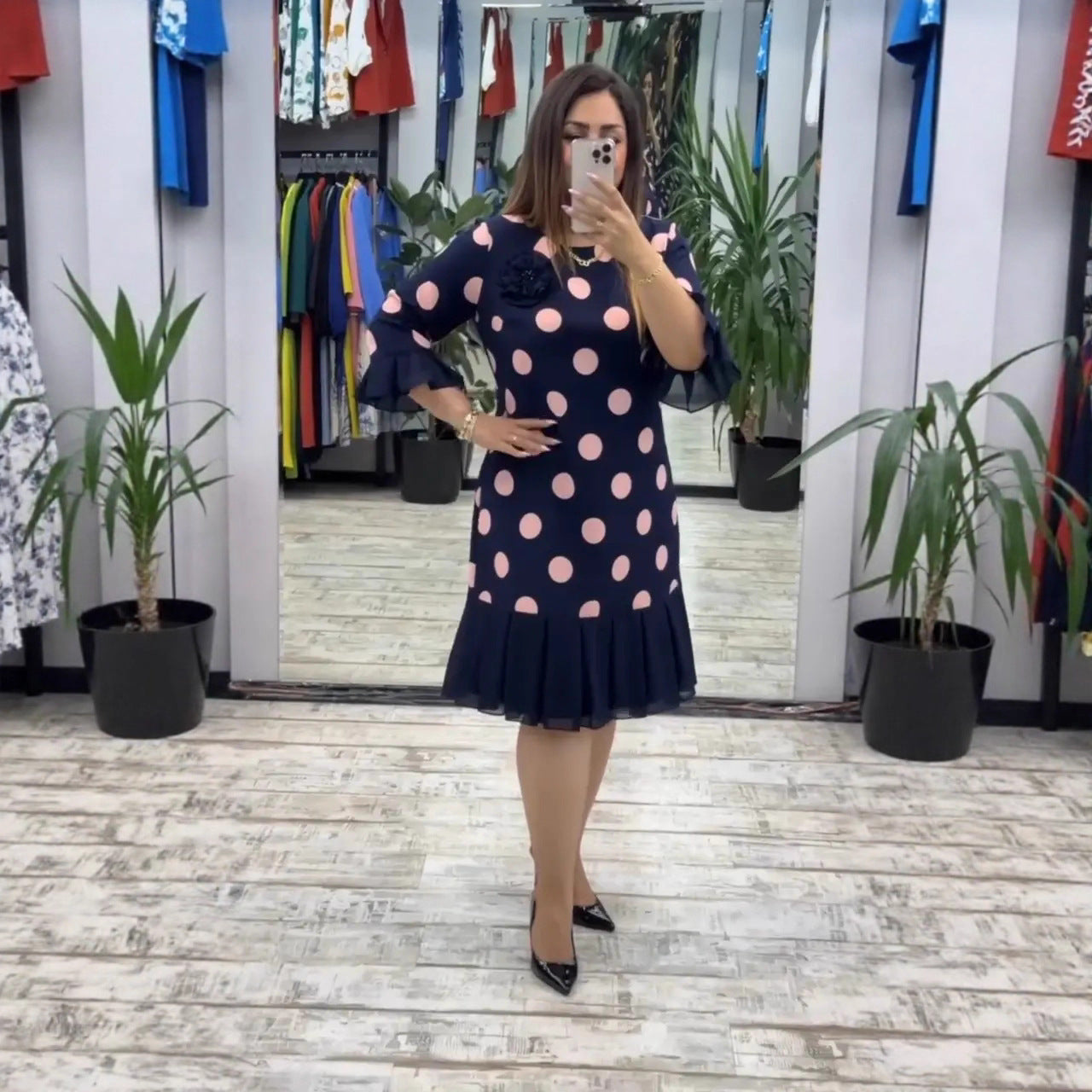 Pleated polka dot midi dress for women | Pamela -1
