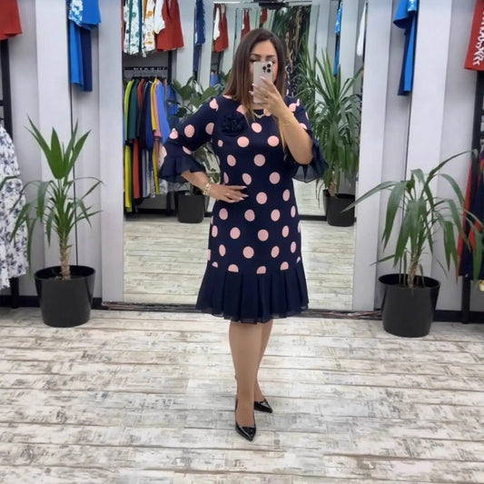 Pleated polka dot midi dress for women | Pamela -1