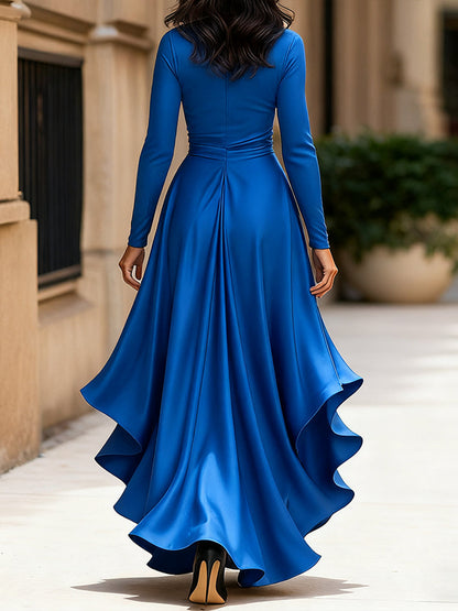 Midnight draped satin ruffle maxi dress for women -14