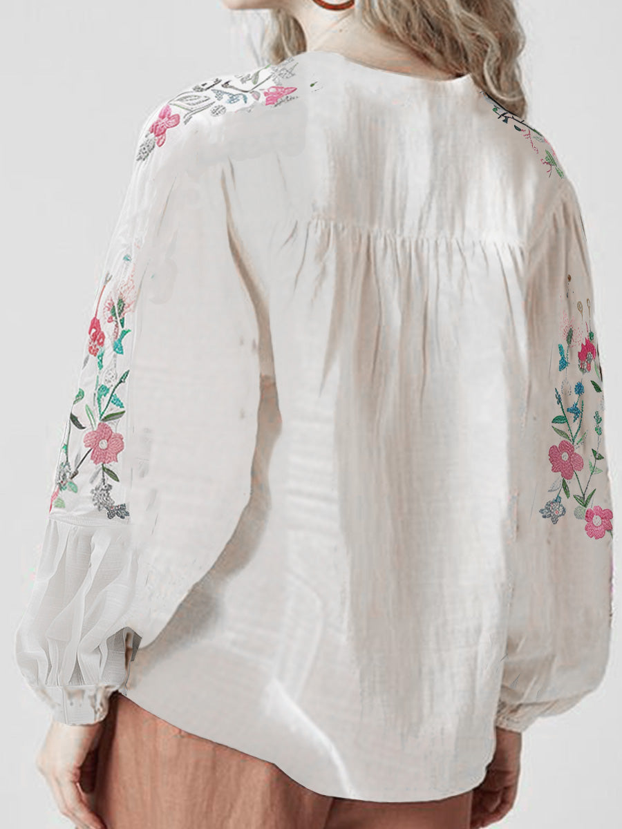 Embroidered long-sleeve floral shirt for women -7