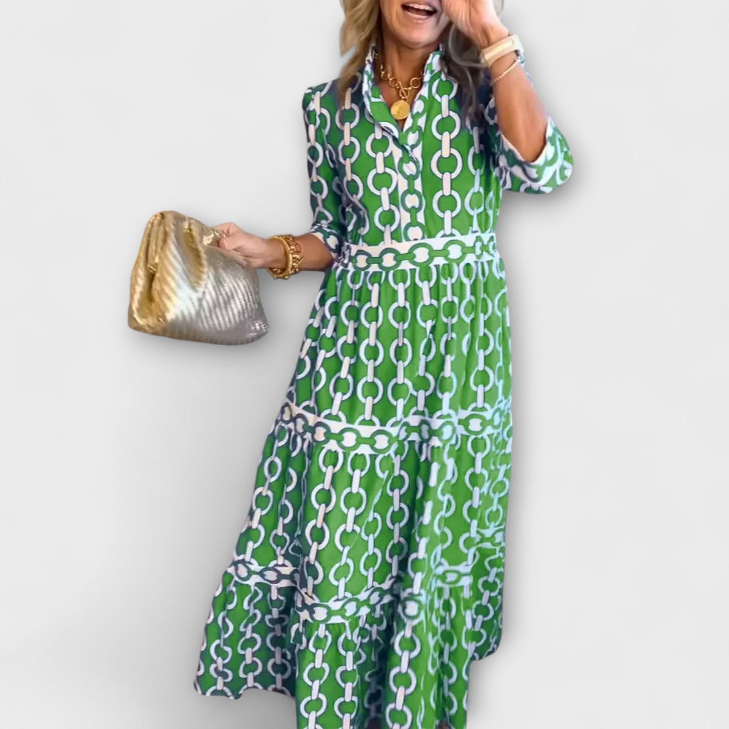 Flared Midi dress with chain pattern for women | Juliette