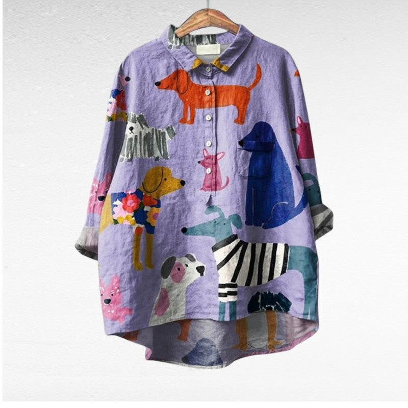 Longline Artistic button-up shirt with relaxed silhouette for women | Audrey