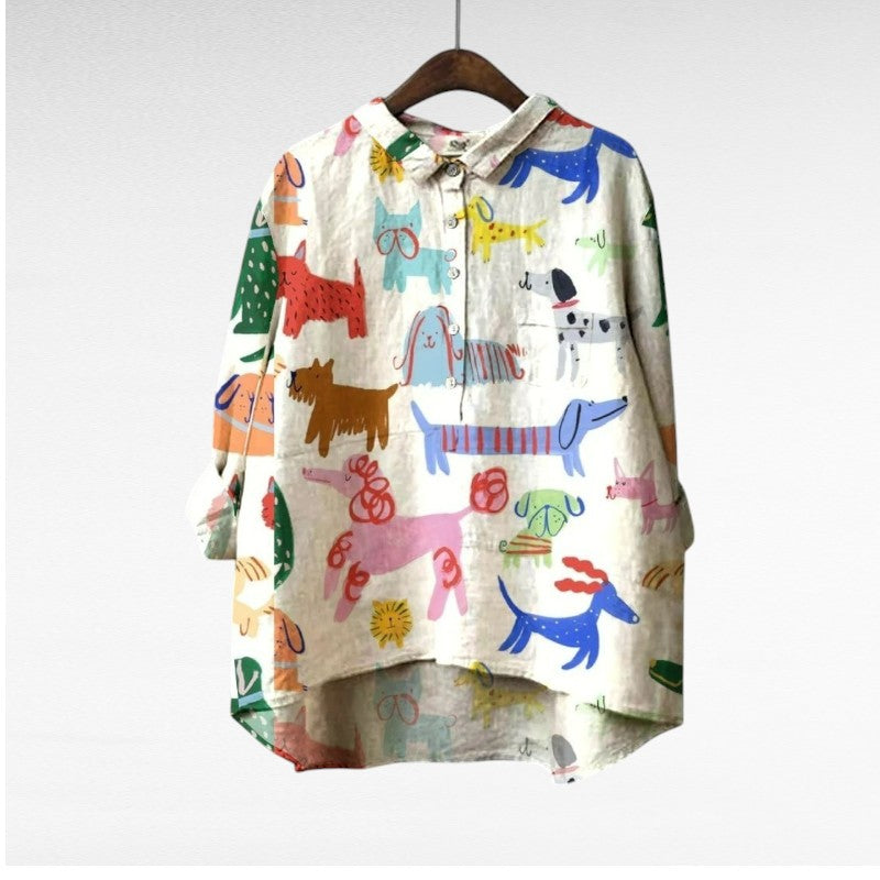 Longline Artistic button-up shirt with relaxed silhouette for women | Audrey