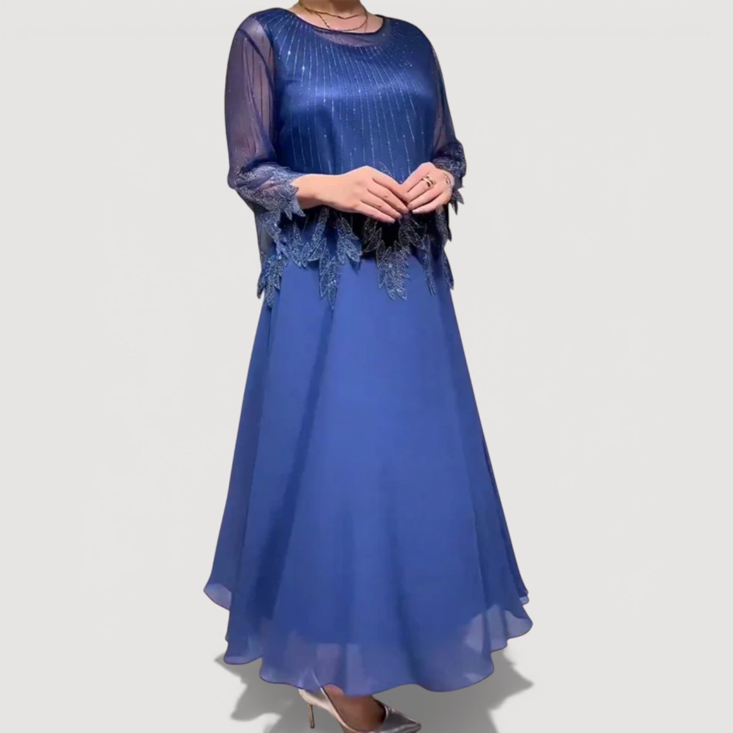 Elegant sheer-sleeve occasion midi dress for women | Doris -4