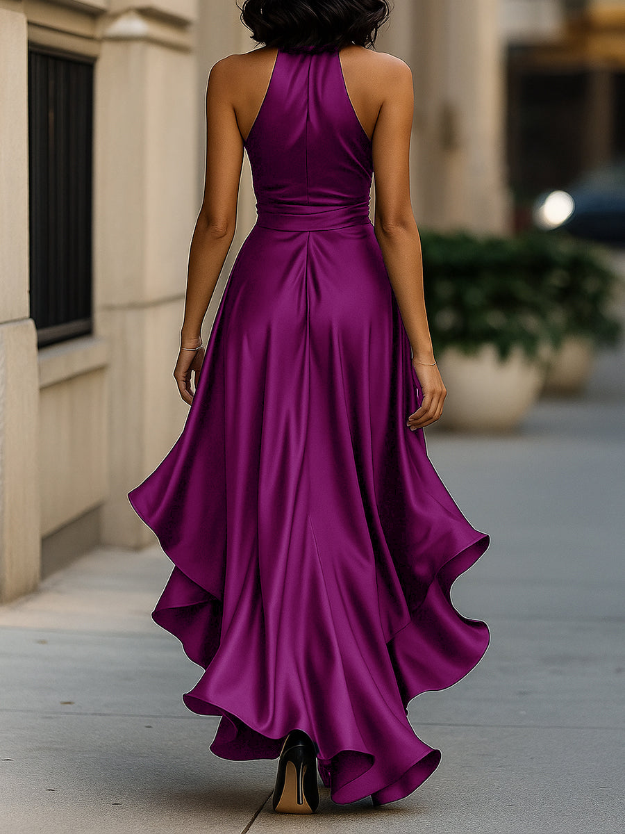 Sleek satin halter ruffle evening gown for women -18