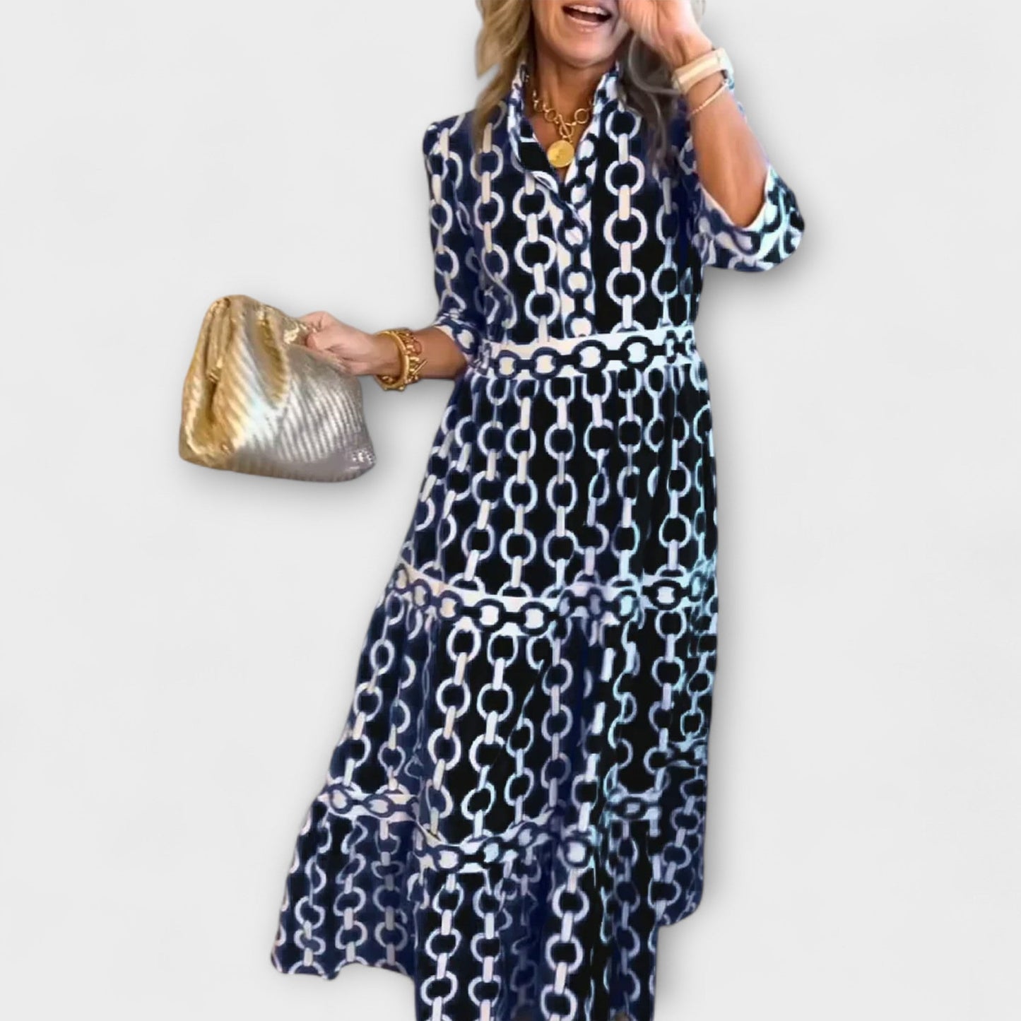 Flared Midi dress with chain pattern for women | Juliette