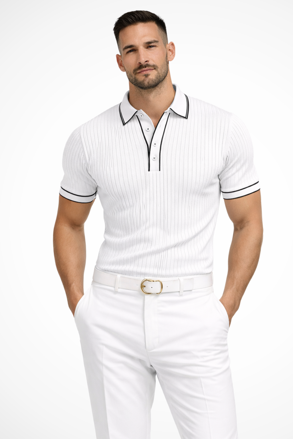 Ribbed knit contrast-collar polo shirt for men | Lorcan -5