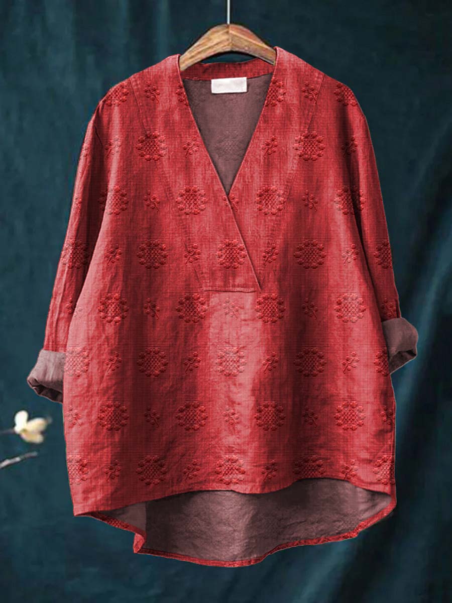 Boxy Embroidered blouse with V-neck silhouette for women | Cara