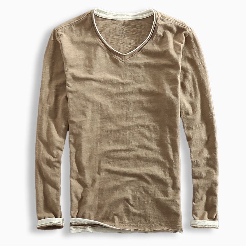 V-neck contrast trim long-sleeve shirt for men -2