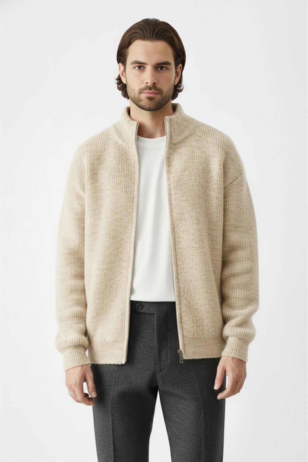 Full-zip stand-collar knit jacket for men -6
