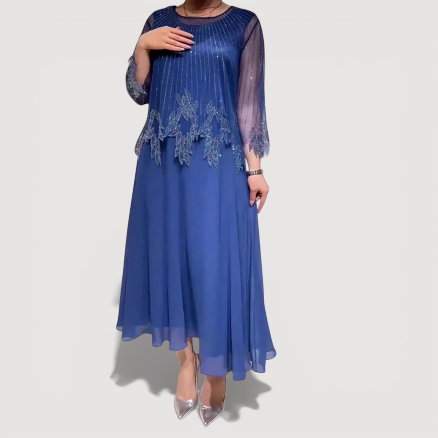 Elegant sheer-sleeve occasion midi dress for women | Doris -5