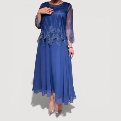 Elegant sheer-sleeve occasion midi dress for women | Doris -5