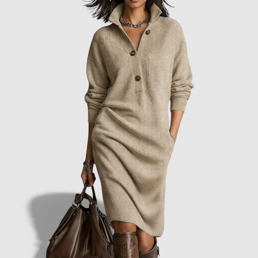 Cosy knit buttoned-collar midi dress for women | Alessia -4