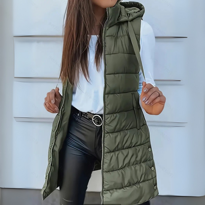 Casual sleeveless hooded long puffer vest for women | Rain -4