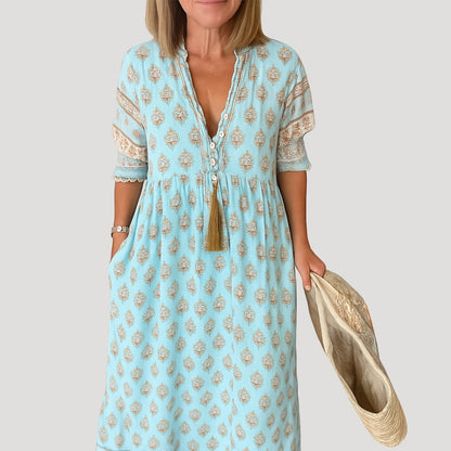 Crepe Boho midi dress with printed design for women | Liora