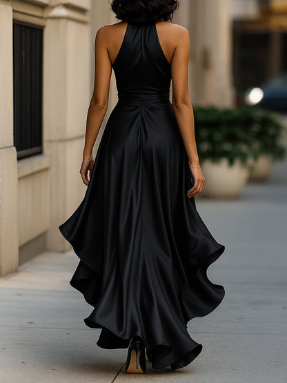 Sleek satin halter ruffle evening gown for women -16