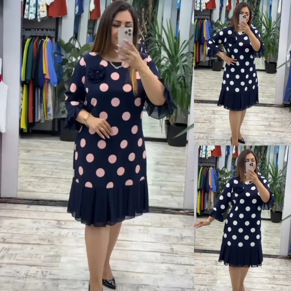 Pleated polka dot midi dress for women | Pamela -2