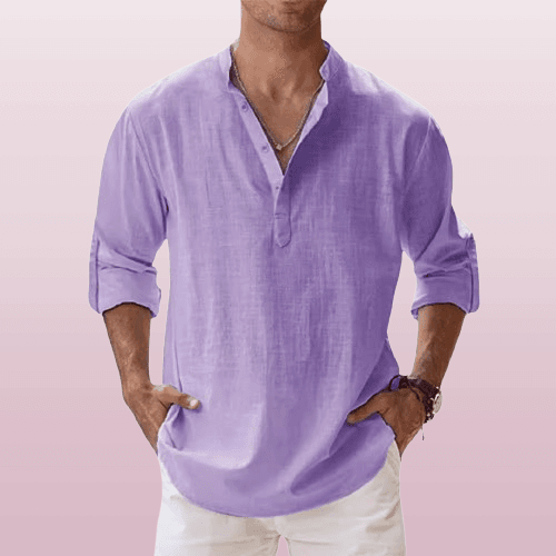 Casual linen blend henley shirt for men -12