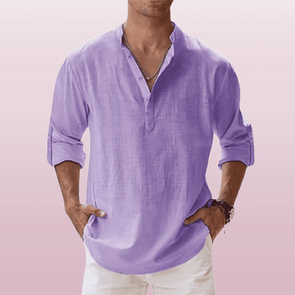 Casual linen blend henley shirt for men -12