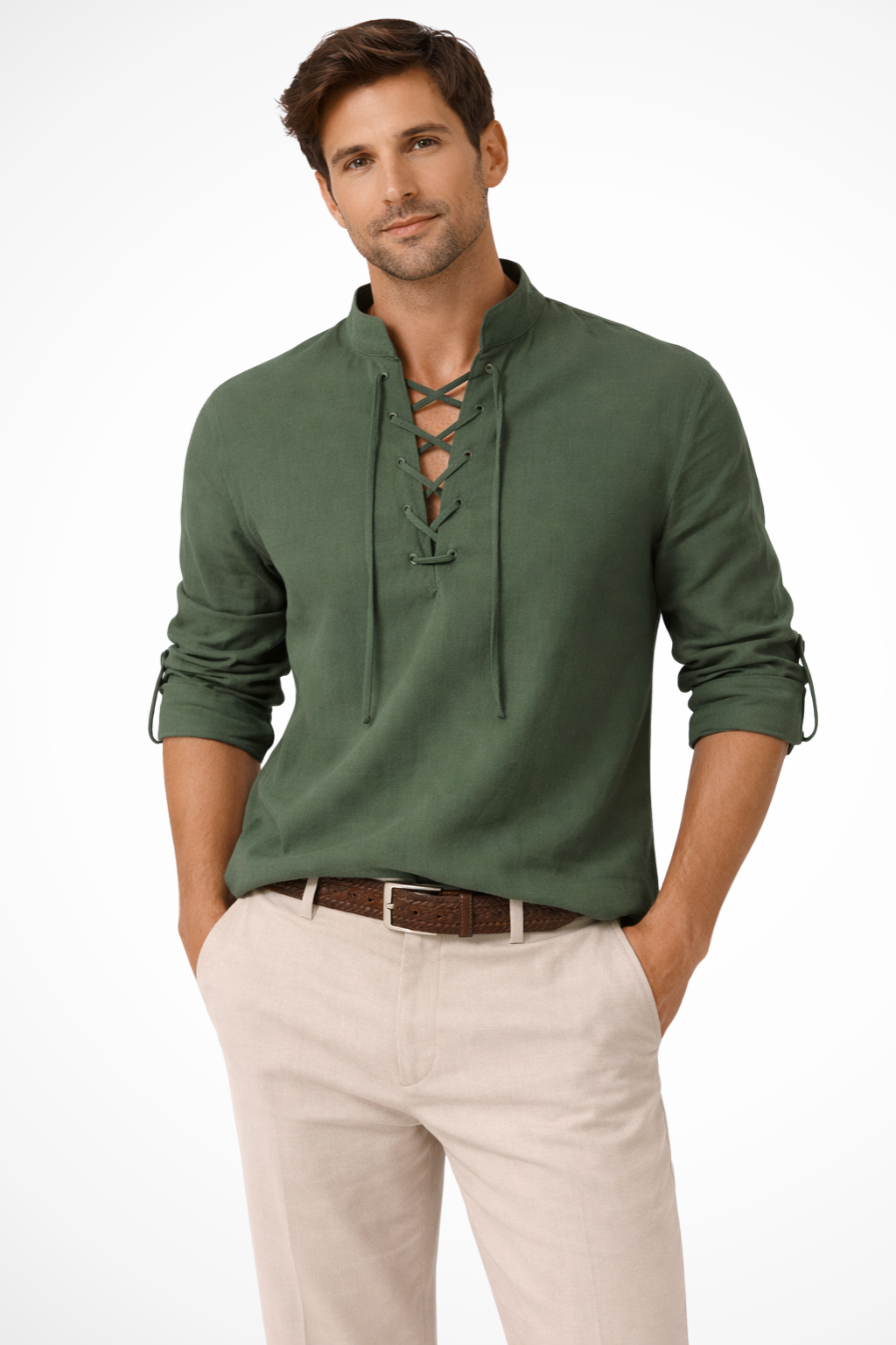 Linen lace-up long-sleeve casual shirt for men | Rowan -7
