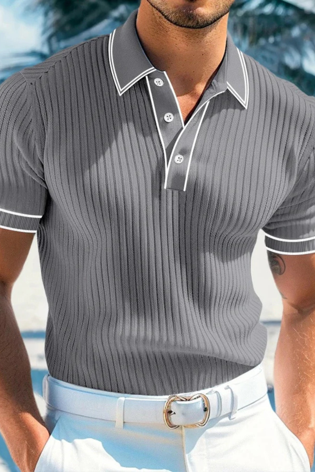 Ribbed knit contrast-collar polo shirt for men | Lorcan -8