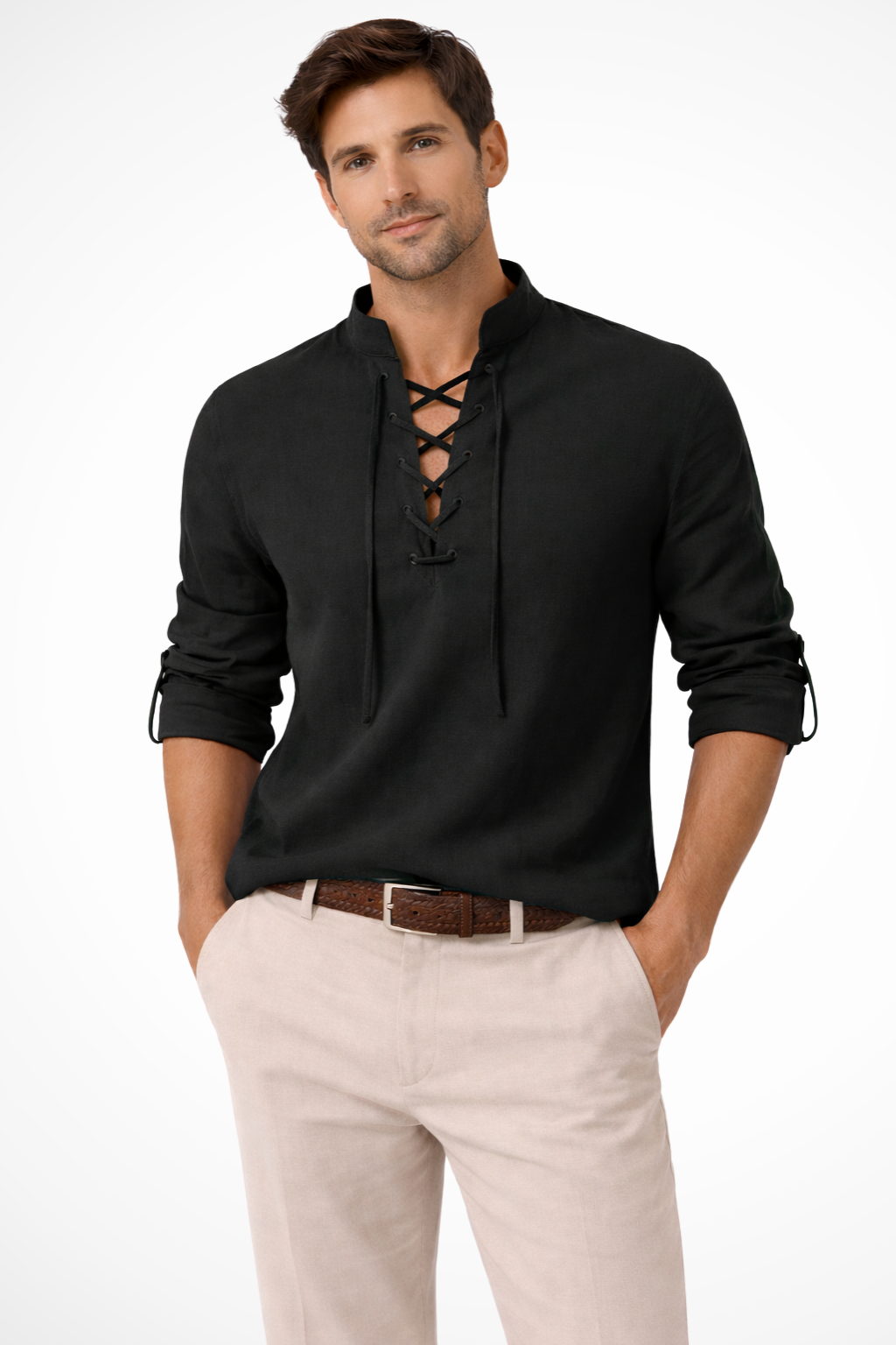 Linen lace-up long-sleeve casual shirt for men | Rowan -3