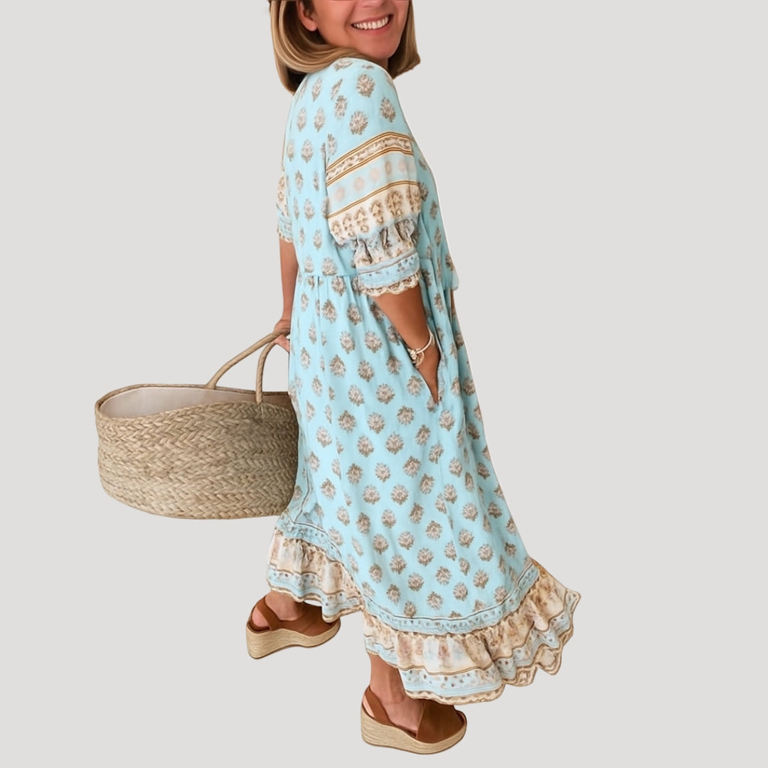 Crepe Boho midi dress with printed design for women | Liora