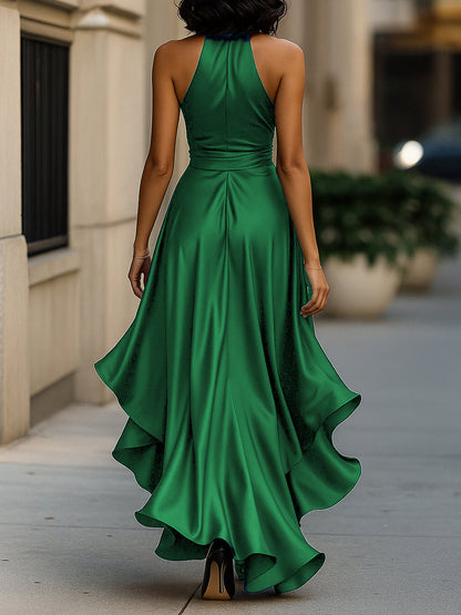Sleek satin halter ruffle evening gown for women -22