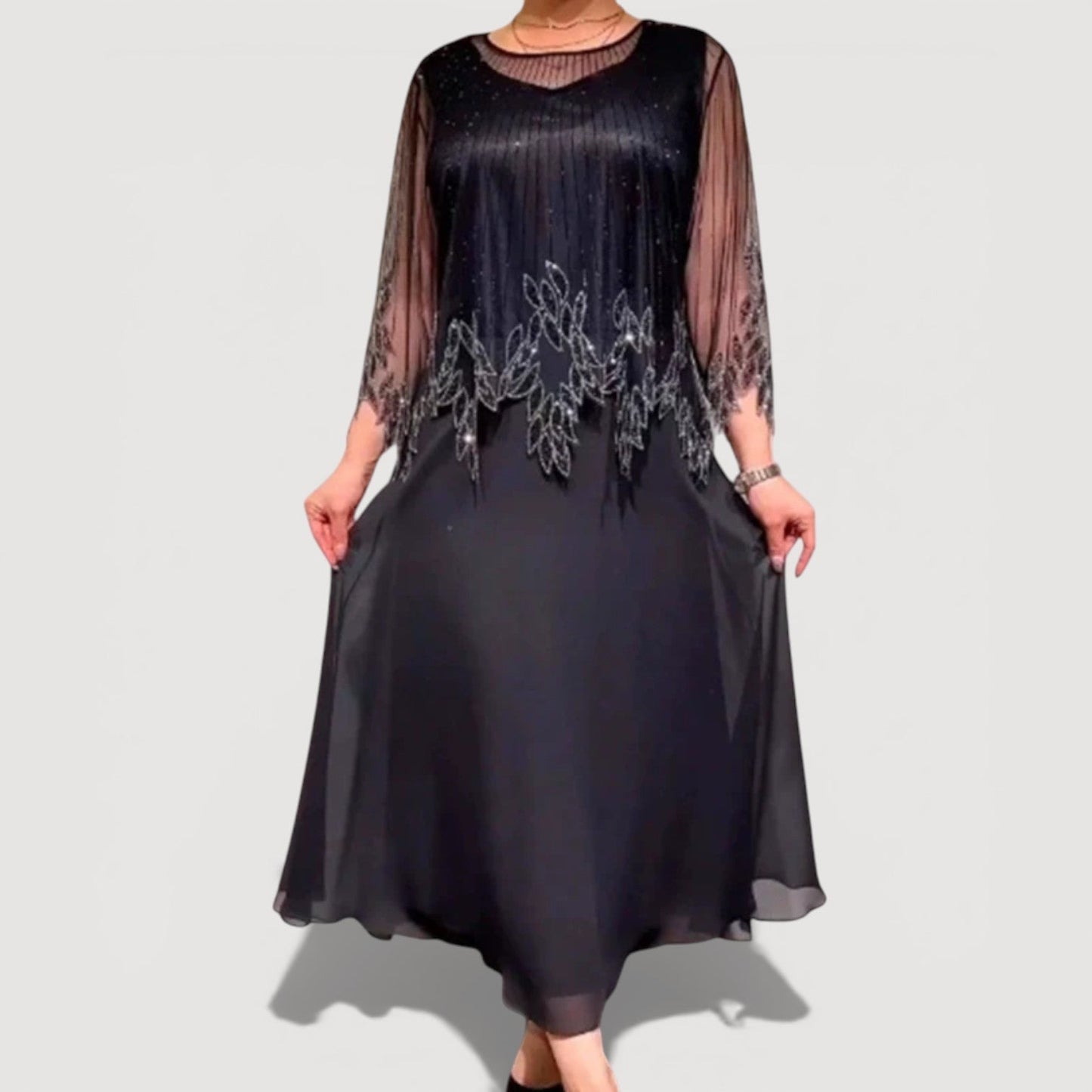 Elegant sheer-sleeve occasion midi dress for women | Doris -6