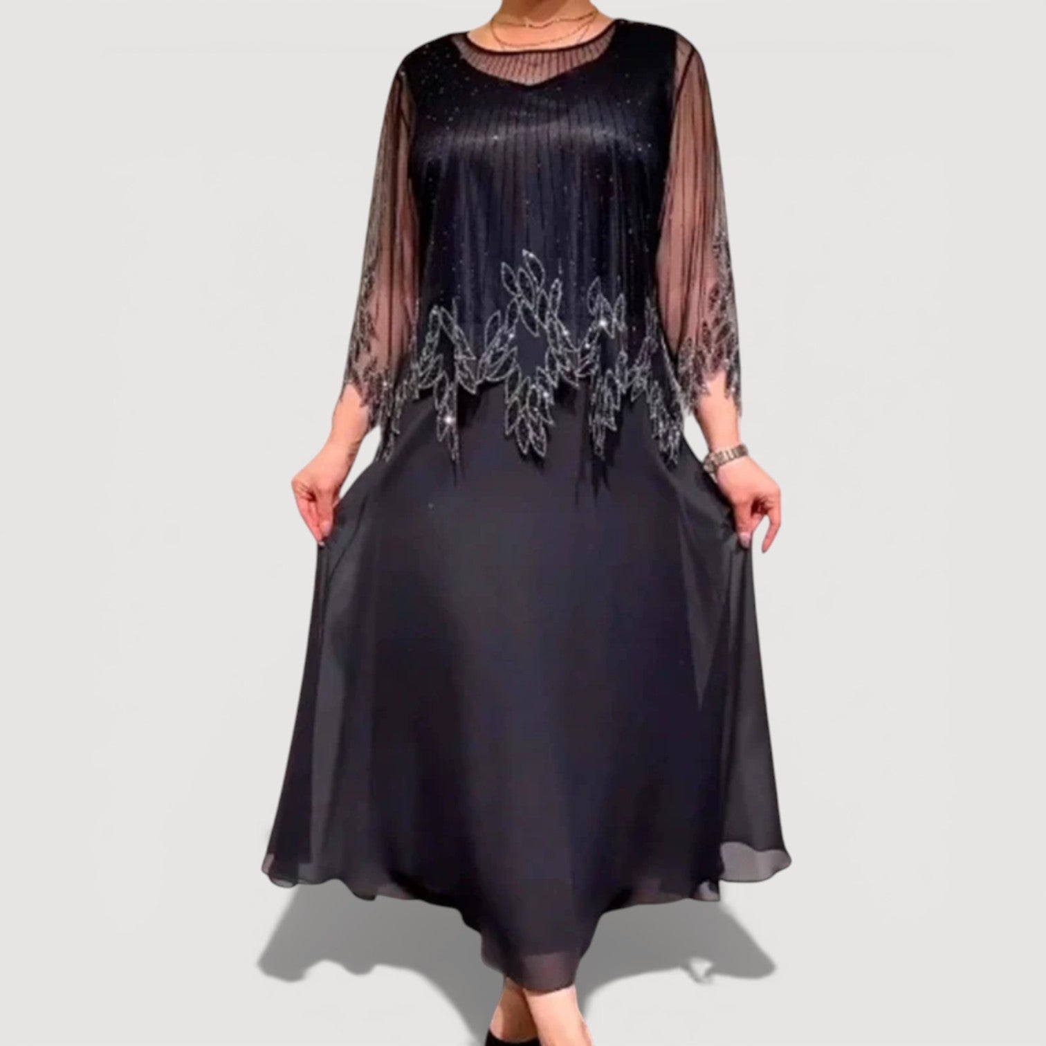 Elegant sheer-sleeve occasion midi dress for women | Doris -6
