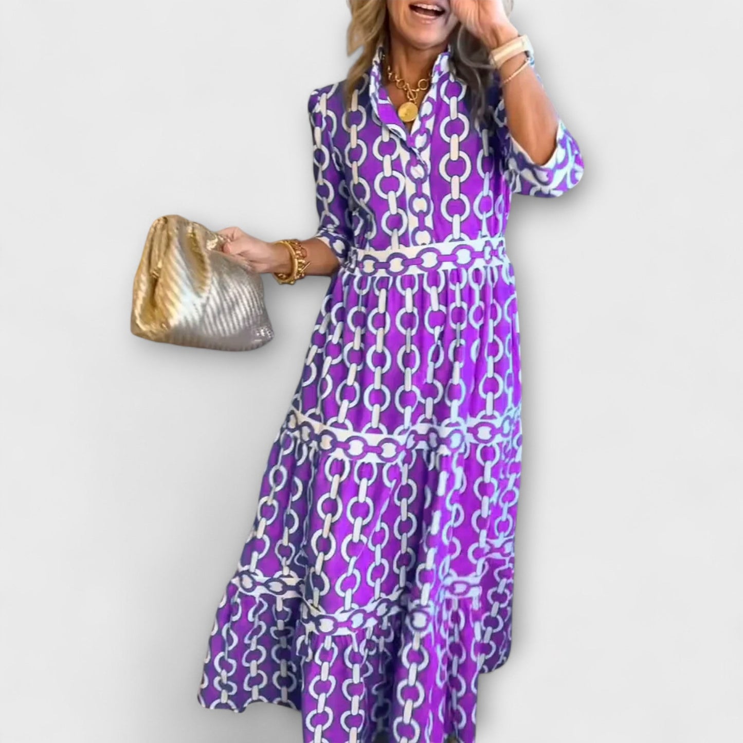 Flared Midi dress with chain pattern for women | Juliette