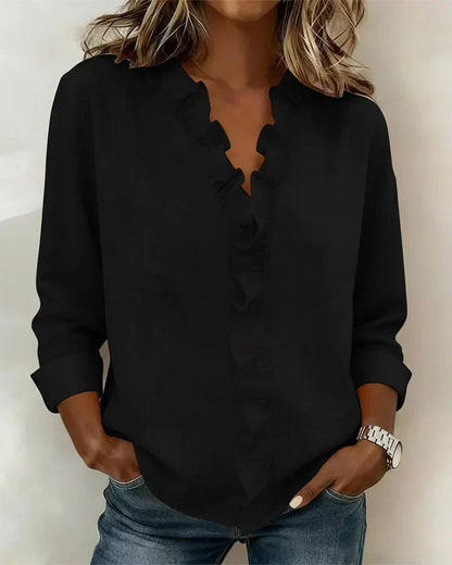 Crew Blouse with ruffled V-neck and long sleeves for women | Indie