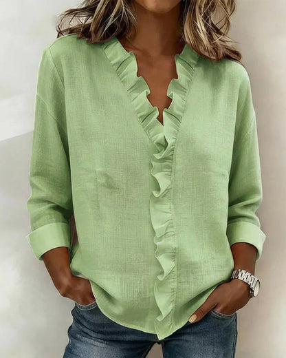 Crew Blouse with ruffled V-neck and long sleeves for women | Indie