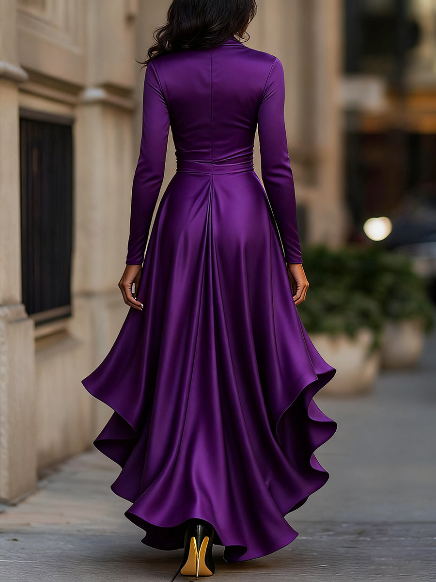 Midnight draped satin ruffle maxi dress for women -12