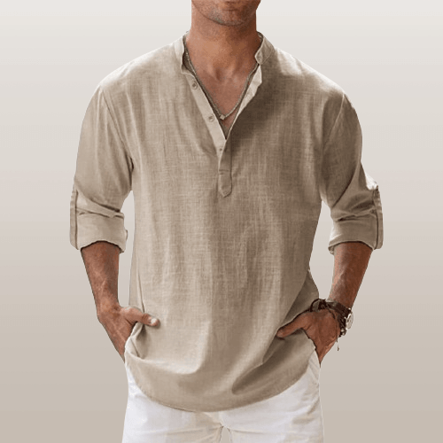Casual linen blend henley shirt for men -6