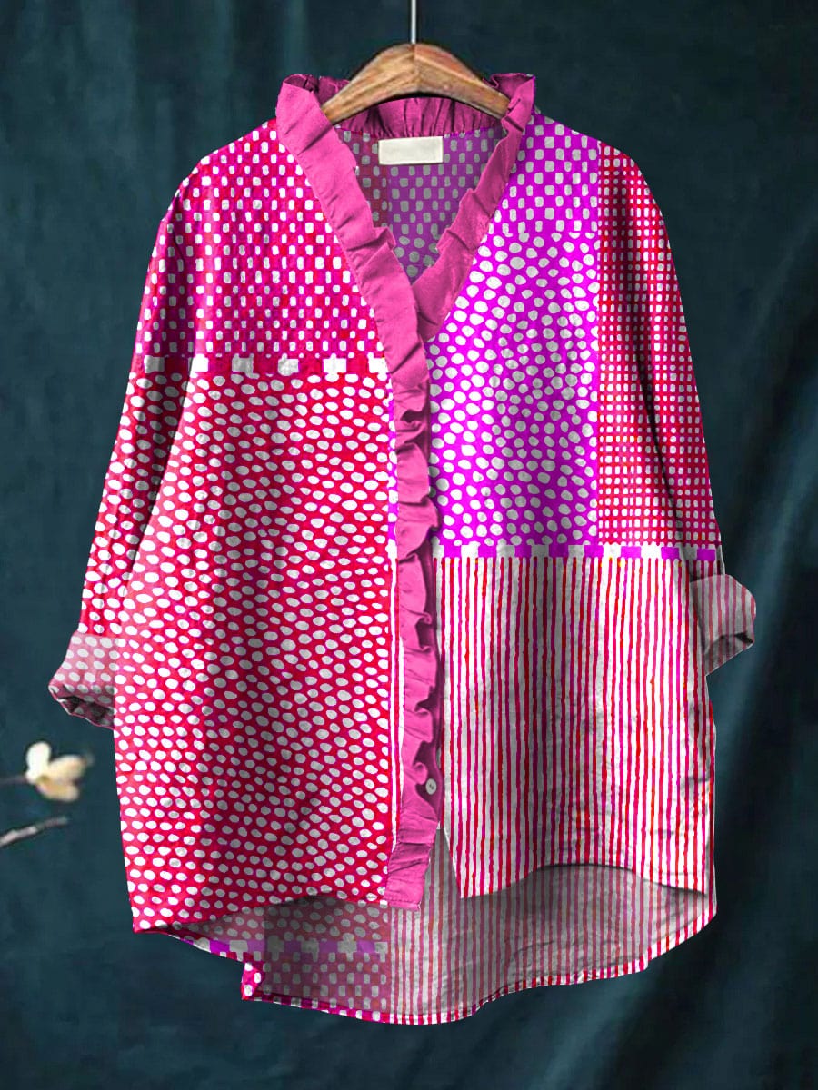 Slim Patchwork blouse with ruffled neckline for women | Cassandra