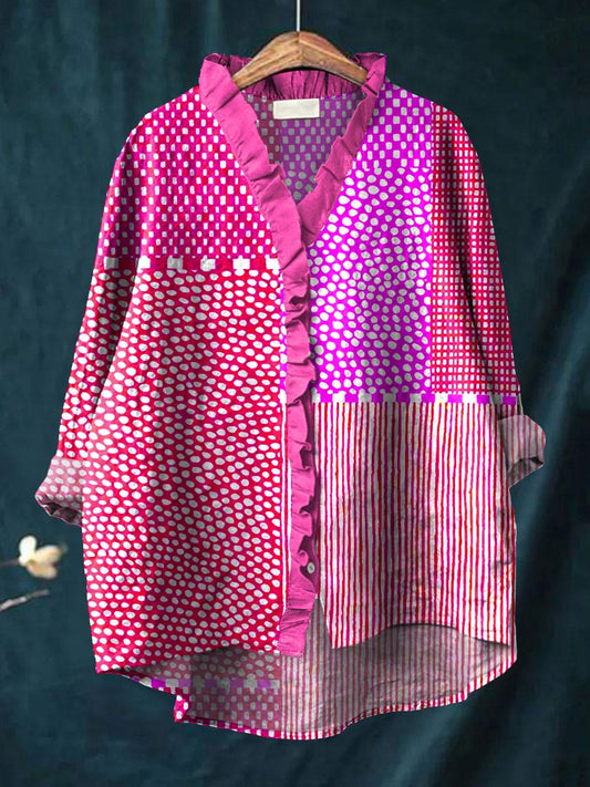 Slim Patchwork blouse with ruffled neckline for women | Cassandra