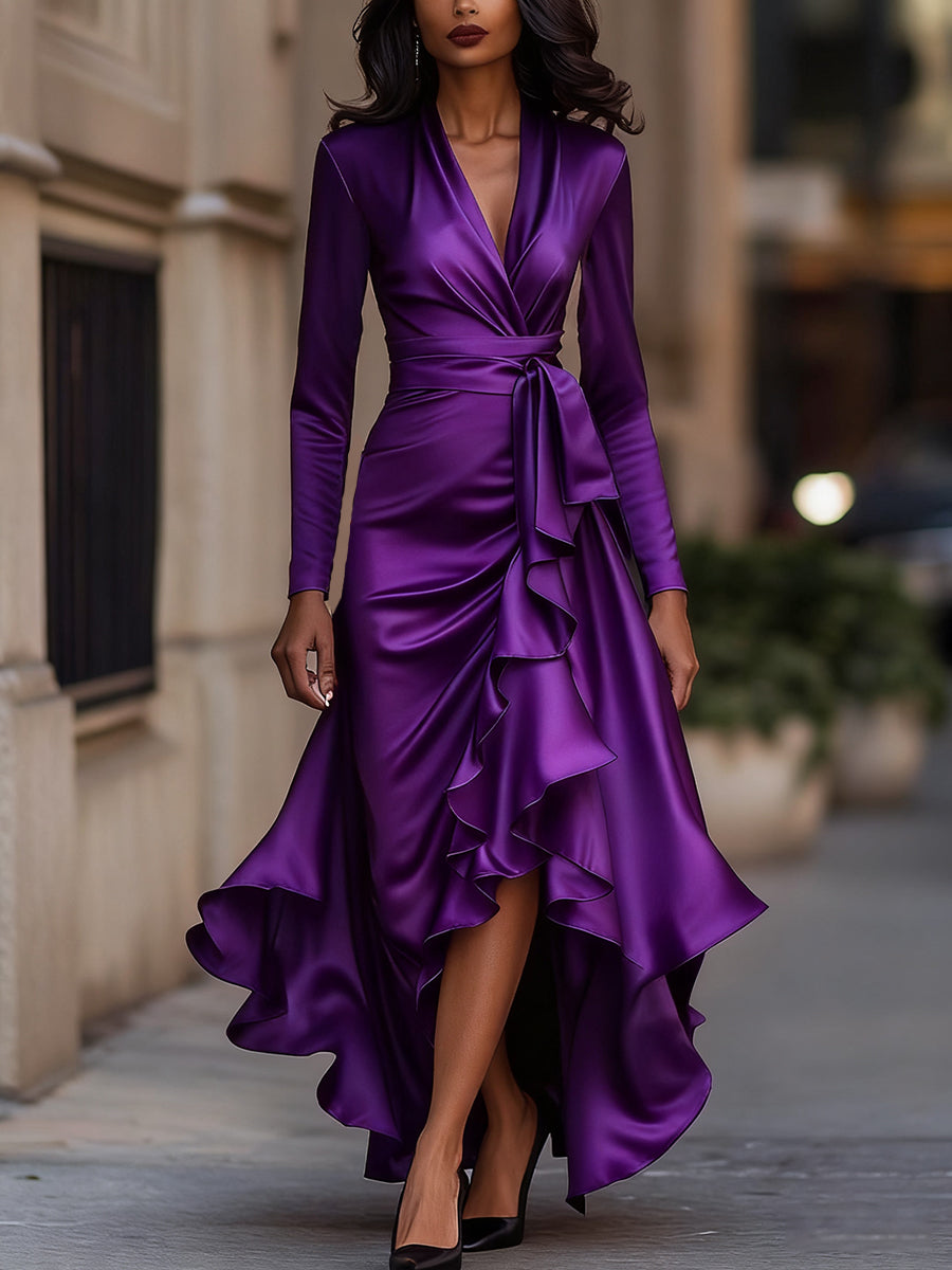 Midnight draped satin ruffle maxi dress for women -11
