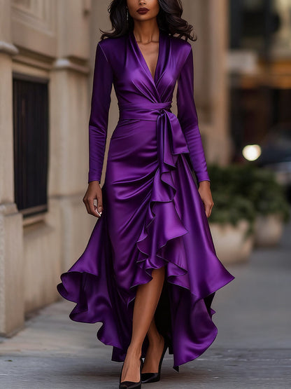 Midnight draped satin ruffle maxi dress for women -11