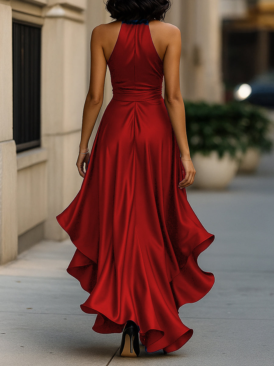 Sleek satin halter ruffle evening gown for women -20