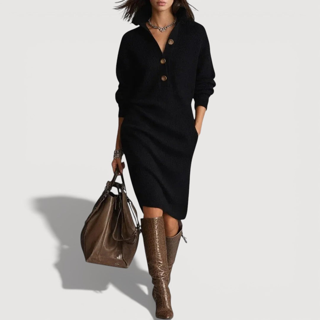 Cosy knit buttoned-collar midi dress for women | Alessia -6