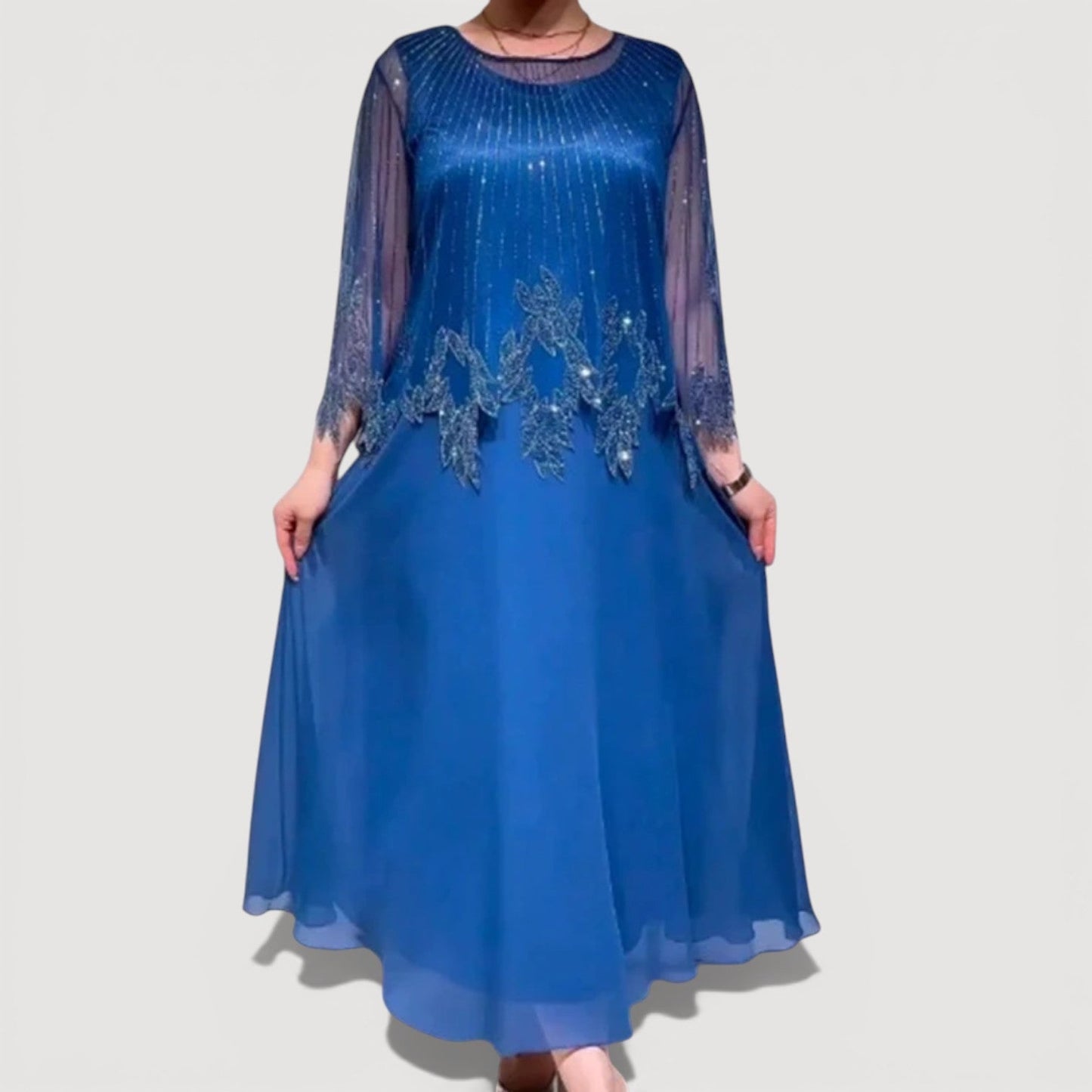 Elegant sheer-sleeve occasion midi dress for women | Doris -7