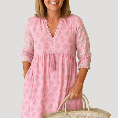 Crepe Boho midi dress with printed design for women | Liora