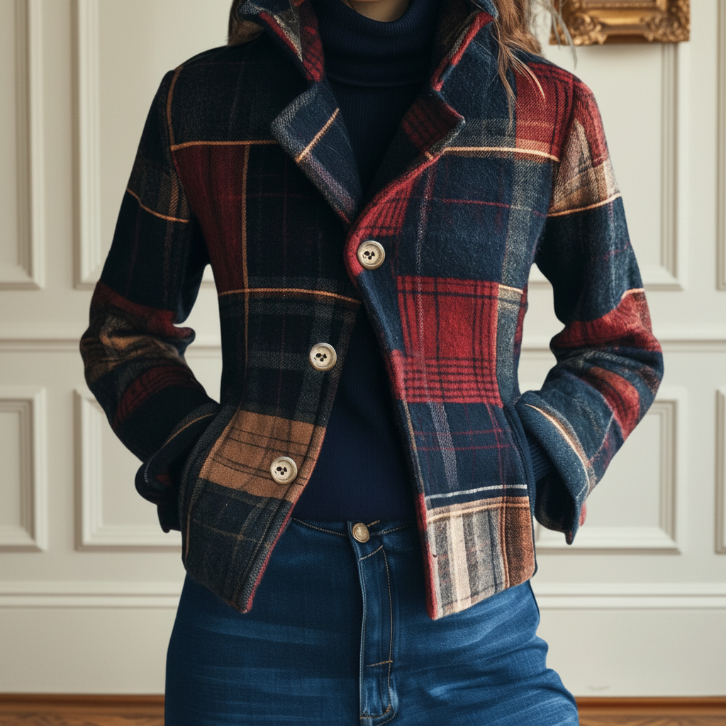 Classic plaid stand-collar jacket for women | Ira -1