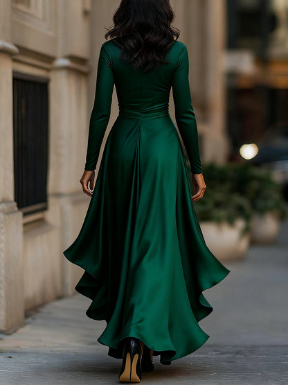 Midnight draped satin ruffle maxi dress for women -10